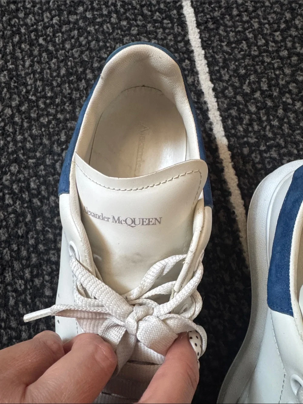Alexander McQueen White Leather Platform Sneakers with Navy Heel Tab